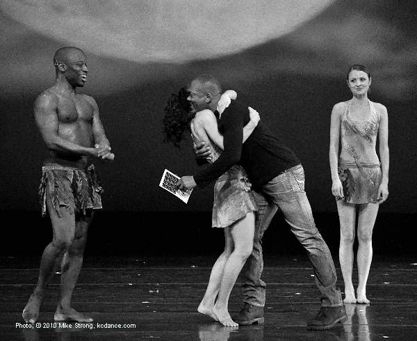 Gary Abbott, Associate Director of Deeply Rooted, in from Chicago hugs Kathleen Turner after the performance of his piece, Desire. Left is Telly Fowler and right is Skyler Taylor